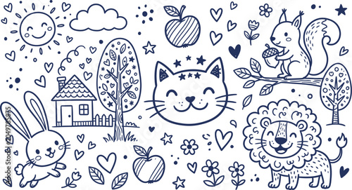Foto Whimsical doodle art animals sun and nature sketch collection