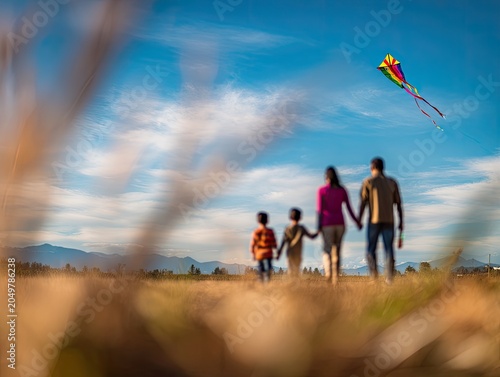 Family walks in a field with a kite flying in the blue sky