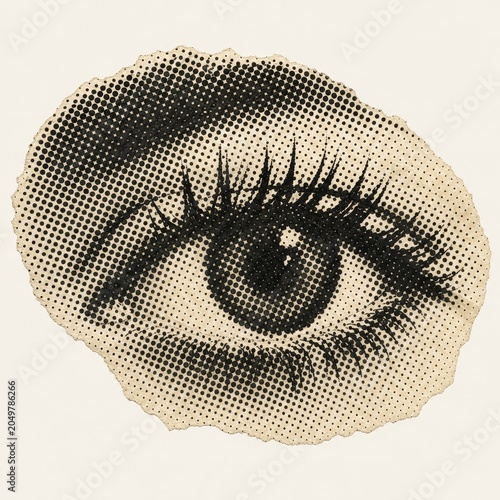Vintage, torn paper scrap features a stylized halftone dot pattern of a woman's eye with long lashes.