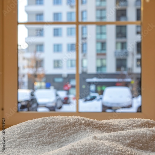 Cozy Bedroom with a View of a Snowy City Street.