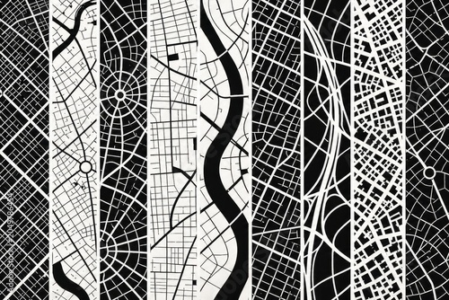 Collage of abstract segments showcasing intricate city map street patterns and road networks from a bird's-eye perspective.
