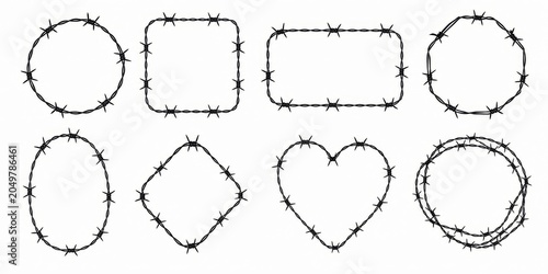 Collection of eight different shapes including circles, squares, and hearts, all constructed from barbed wire for a unique design.