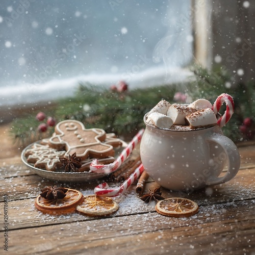 Cozy Winter Hot Chocolate with Cookies and Candy Canes.