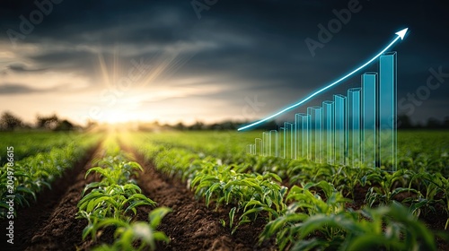 Rural farm landscape with glowing sun and rising bar chart indicating growth