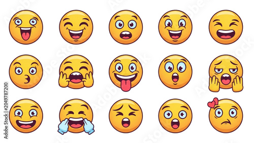 Obraz na plátne Collection of various happy and playful emojis on a white background