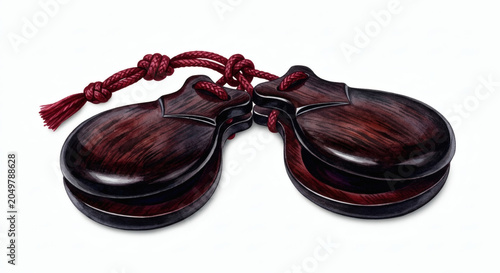 Traditional wooden Spanish castanets with red cord isolated on white background, flamenco dance musical instrument
