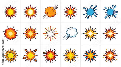 Foto Collection of comic book explosion sound effects and visual elements