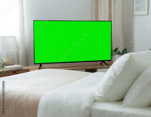 Modern Bedroom with Large Flat Screen Television.