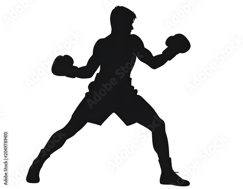 A black silhouette of a male boxer in a fighting stance