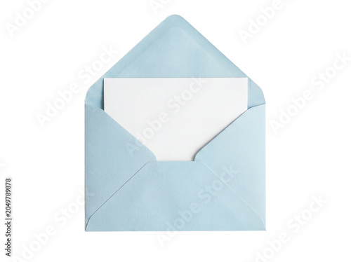 Open blue envelope with blank white card inside, isolated on transparent background (PNG)