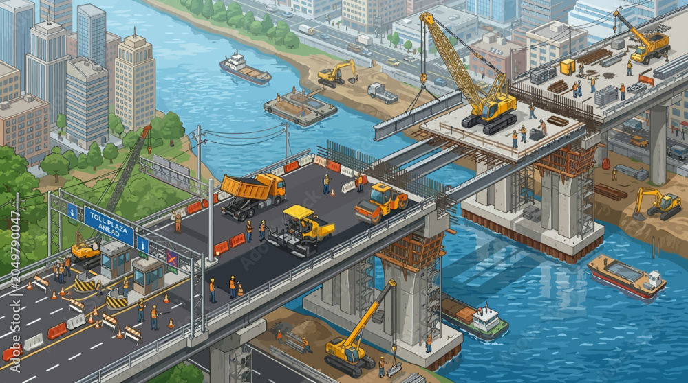 Fototapeta premium Construction workers build highway bridge over water with cranes and vehicles