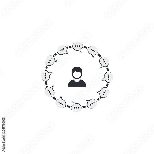 a person surrounded by speech bubbles.