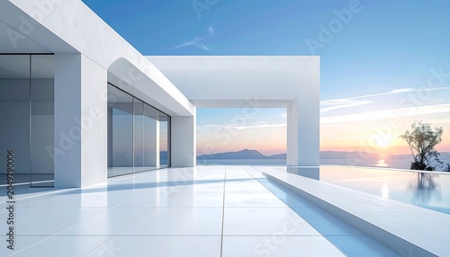 Modern white house with pool overlooking ocean.