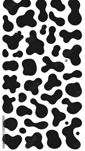 A black and white image featuring a vertical arrangement of irregularly shaped black blobs