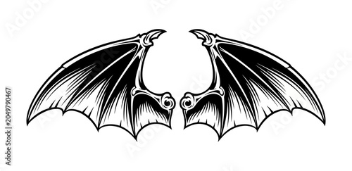 Foto Black and White Gothic Demon Bat Wings Illustration in Vintage Engraving Style