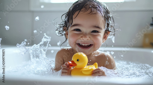 Smiling child holding a rubber duck in a bubbly bathtub with water splashing