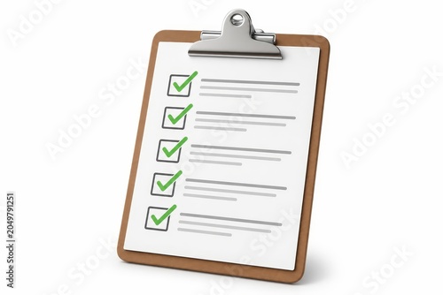 Wooden clipboard holding a document with five green checkmarks, indicating completed tasks.