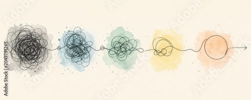 Visual metaphor illustrates the transition from chaos to order, showing tangled lines gradually straightening into a clear, singular path.