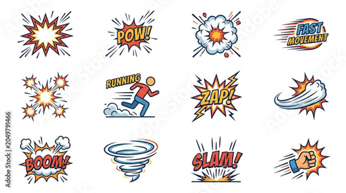 Quadro em tela Collection of comic book sound effects and action elements.