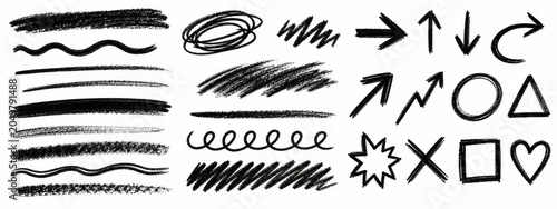 Collection of abstract black crayon scribbles, lines, arrows, and geometric shapes.