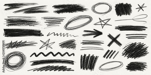 Collection of black chalk scribbles, lines, circles, stars, and arrows creates a diverse set of hand-drawn graphic elements on a light background.