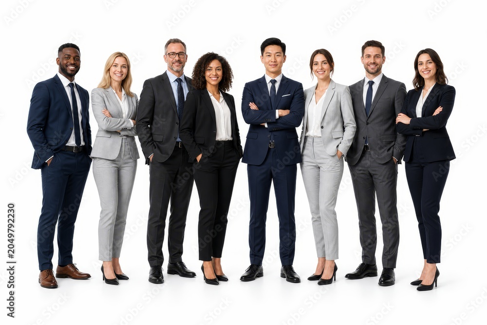 Obraz premium Group of ten diverse business professionals stand in two rows, smiling confidently and dressed in formal attire, showcasing a united corporate team.
