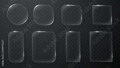 Set of glass panels of various shapes in the style of liquid glass or glassmorphism. Realistic 3D design elements. Vector illustration.