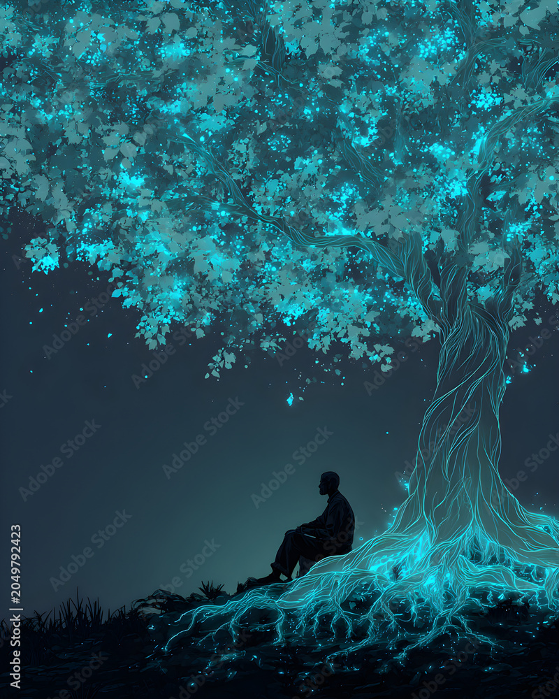 Obraz premium Meditating man under glowing digital tree representing spiritual growth, technology, and mental wellness.