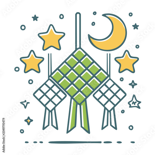 Flat design illustration of Ketupat with stars and moon