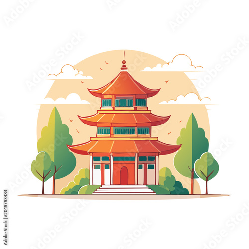 Flat design illustration of a traditional orange pagoda with trees