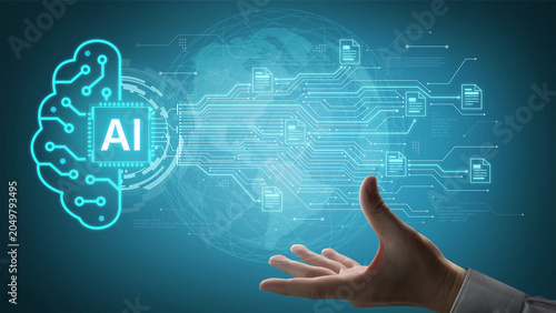 Foto Artificial intelligence using AI neural processing and circuit to transform AI data into actionable output by smart automated AI reasoning science