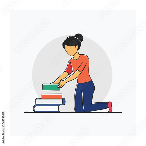 Woman arranging books in flat design style