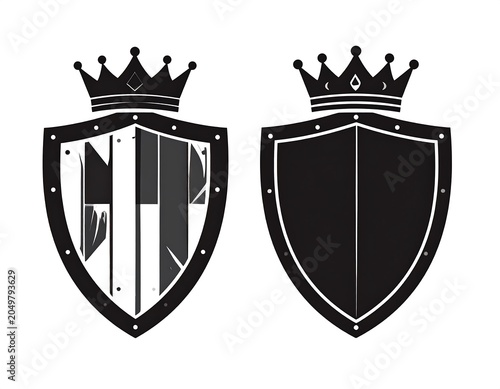 A black and white image of two shields with crowns