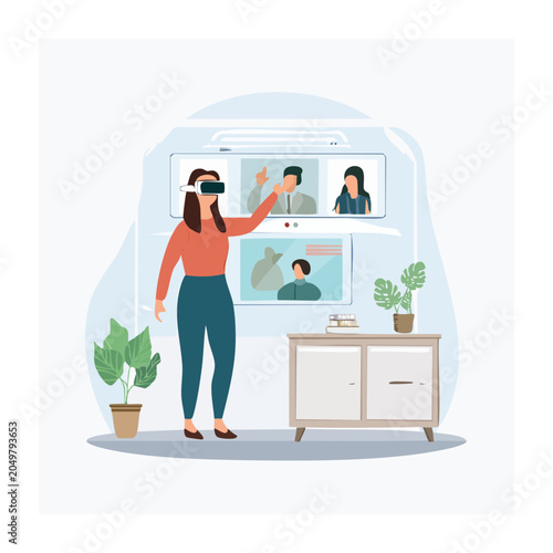 Woman in VR headset interacting with virtual meeting participants