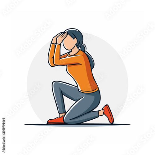 Woman kneeling with hands over face, flat design illustration