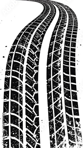 A black and white image of three tire tracks curving to the right