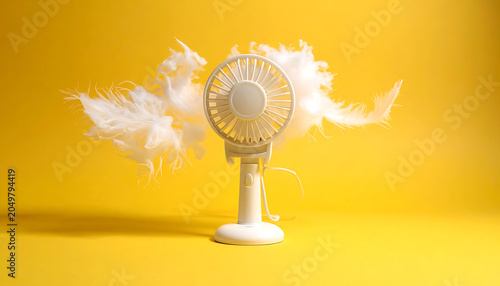 A white electric fan blowing white feathers and mist against a vibrant yellow background, suggesting a cool breeze and refreshing air