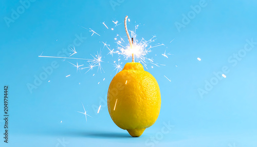 A whole yellow lemon with a sparkler lit on top exploding with bright white sparks against a solid blue background