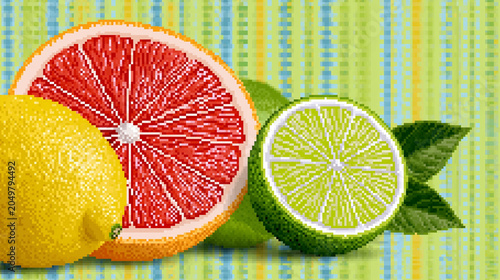 Pixel art collection of citrus fruits including grapefruit lemon and lime with visible segments, vitamin C and healthy eating concept, defocused background, with copy space
