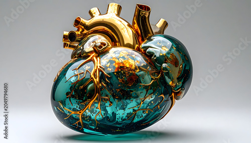 Abstract anatomical heart, a fusion of polished gold and shimmering teal glass, with intricate golden vascular details, symbolizing life, health, and complex systems