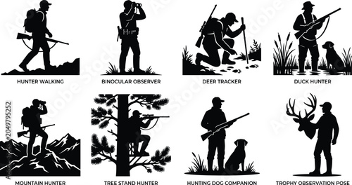 Fotografija Silhouette hunting vector icon set featuring hunters walking, tracking, observing wildlife, using tree stands, and hunting with dogs