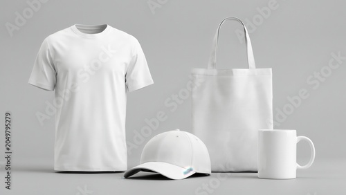 Blank white promotional set including t-shirt, tote bag, cap and mug for branding mockup