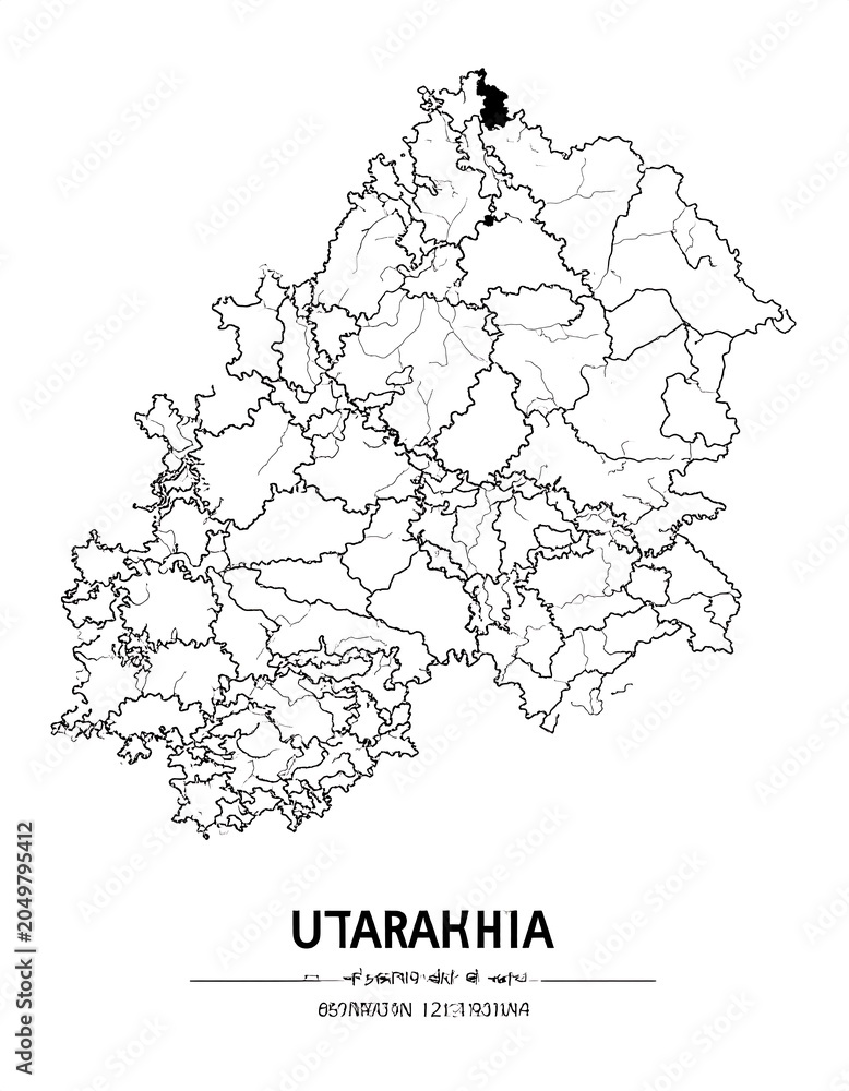 Fototapeta premium A black and white line drawing map with a highlighted area and illegible text