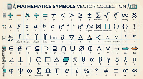 Foto Comprehensive set of mathematical signs and symbols including greek letters and