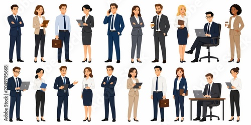 Collection of diverse business professionals, depicted in a clean, modern illustration style, stand in a well-organized lineup.