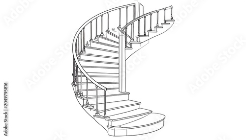 A black and white line drawing of a curved staircase
