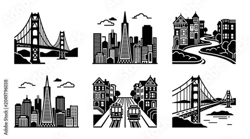 Billede på lærred San Francisco Skyline and Landmarks Icons - Golden Gate Bridge, Cable Cars, City
