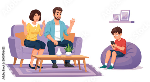 Tableau sur toile Stressed Parents Frustrated with Child Addicted to Smartphone Screen Vector Illu