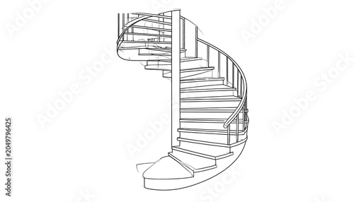 A black and white line drawing of a spiral staircase with a railing