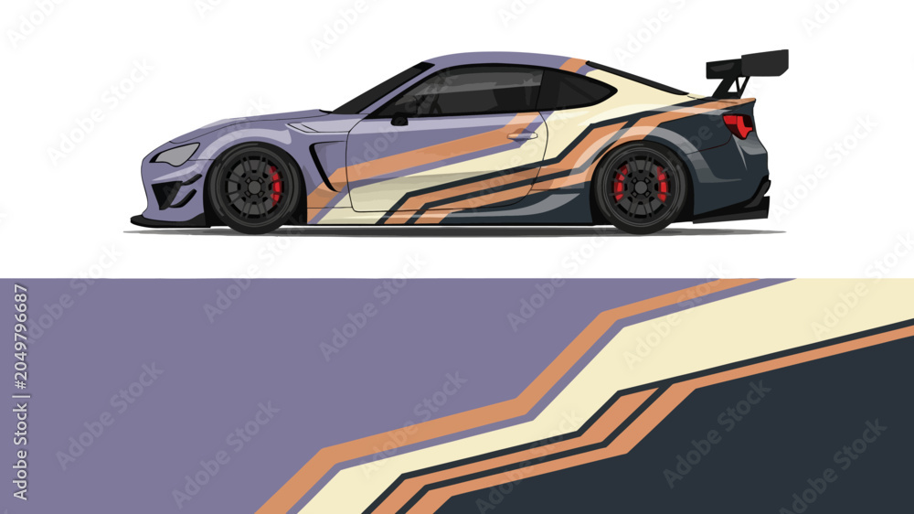 Naklejka premium Stylized side view of a sleek orange and cream sports car with bold stripes.